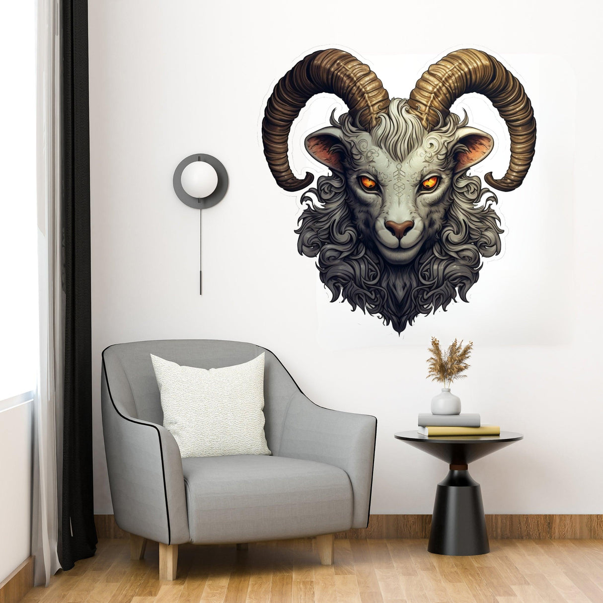 Gothic Surrealism Old Goat Head Wall Sticker in a modern living room setting, showcasing intricate detail and ancient wisdom.