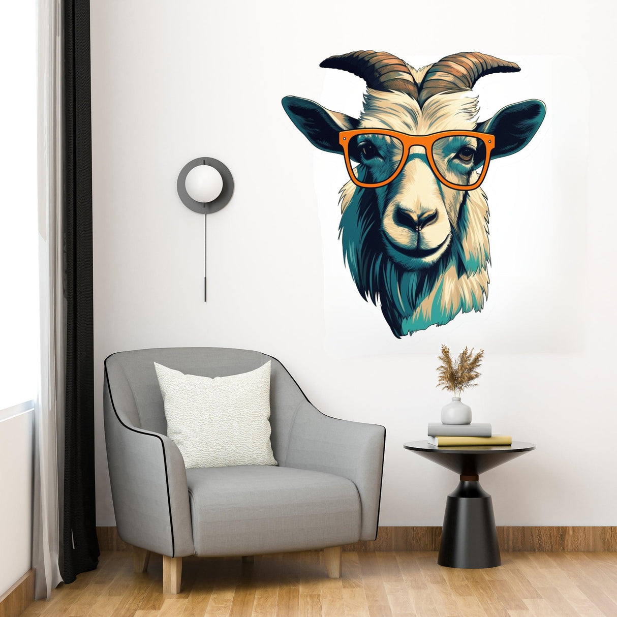 Vibrant 3D Goat Head wearing glasses wall decal in a modern living room setting.