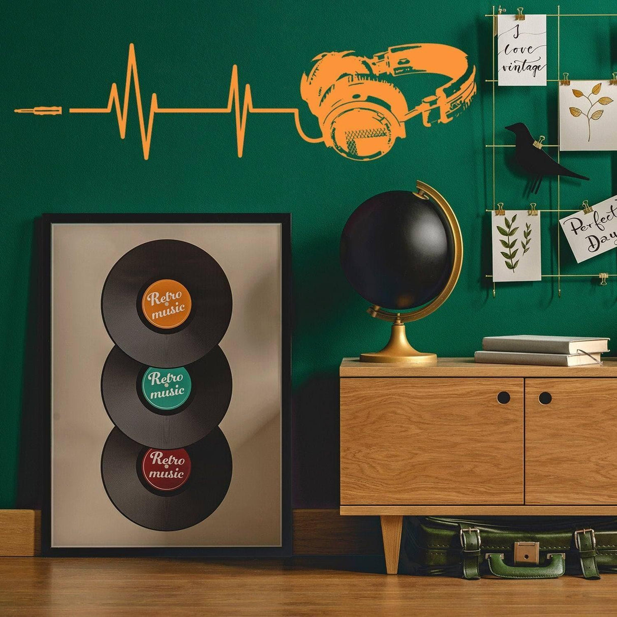 Adhesive musical rhythm wall stickers featuring headphones and vinyl records on a green wall.