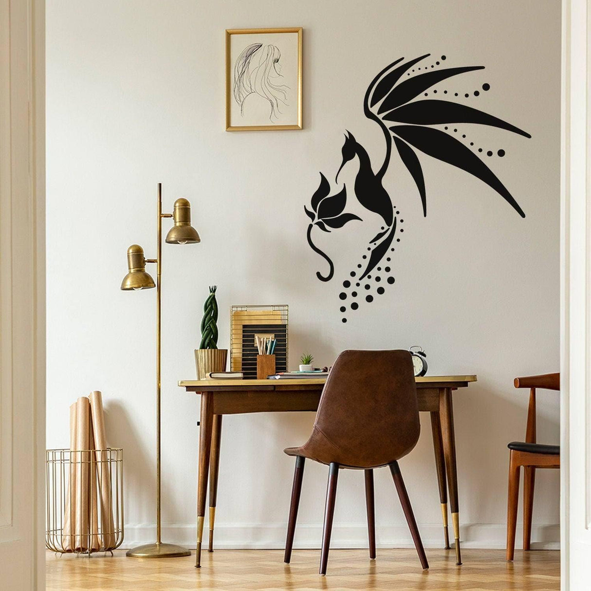 Stylish black bird and flower wall decal in modern home office with desk and chair decor.