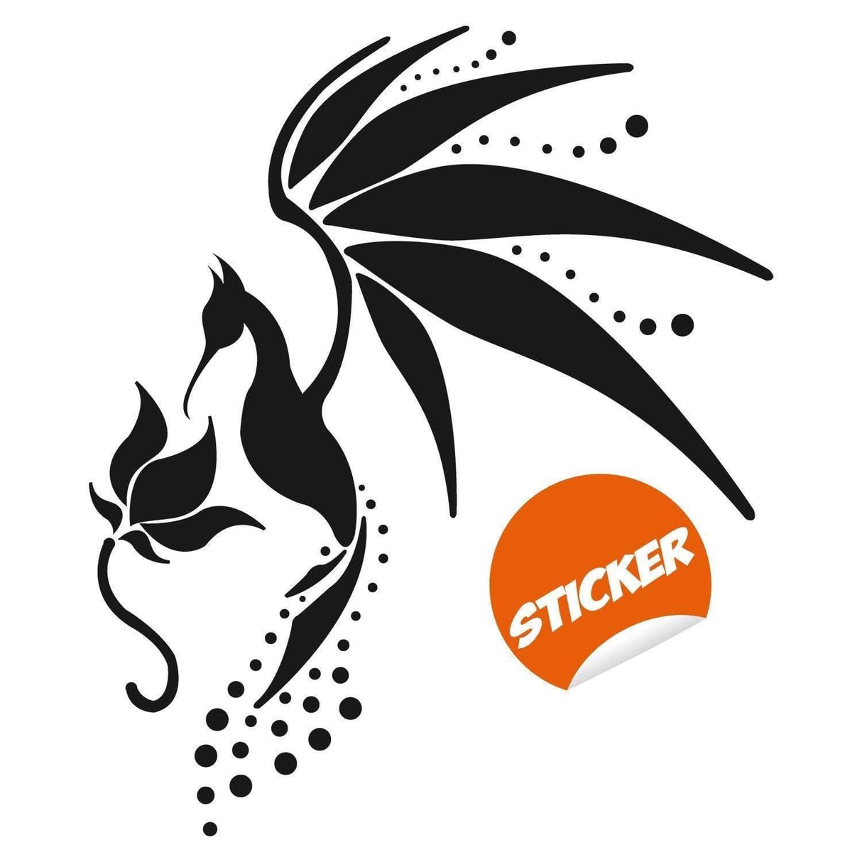 Adorable hummingbird wall decal design with floral elements in black on a white background.