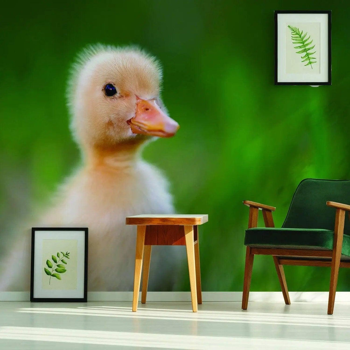 Adorable vinyl duck wall sticker featuring a baby duck against a lush green background in a stylish home setting.