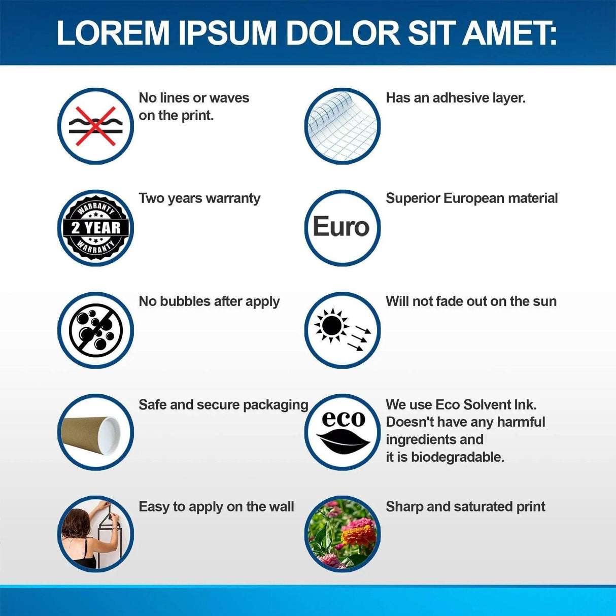 Features of the vinyl wall sticker including adhesive layer, eco-friendly ink, and bubble-free application.
