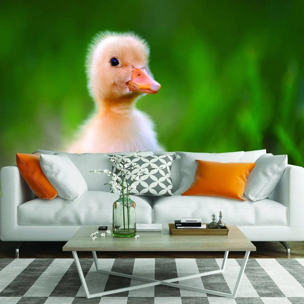 Cute baby duck wall mural and modern living room decor with cozy sofa and stylish coffee table.