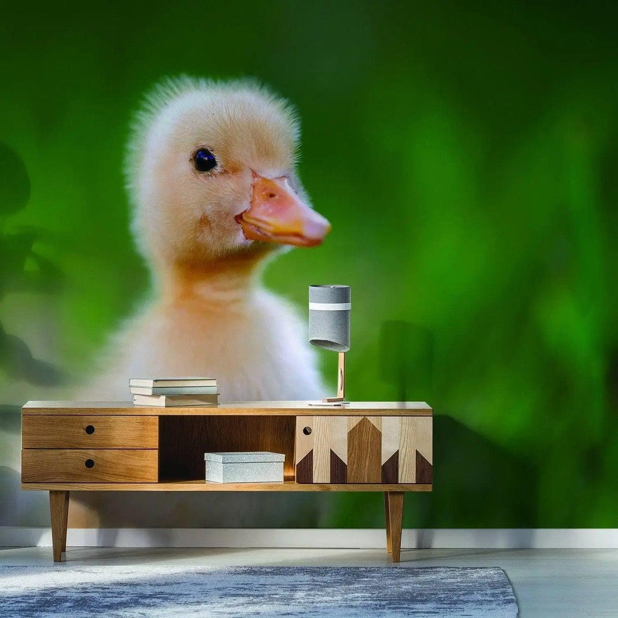 Close-up of a cute duckling against a green background, enhancing the whimsical decor of a modern room.