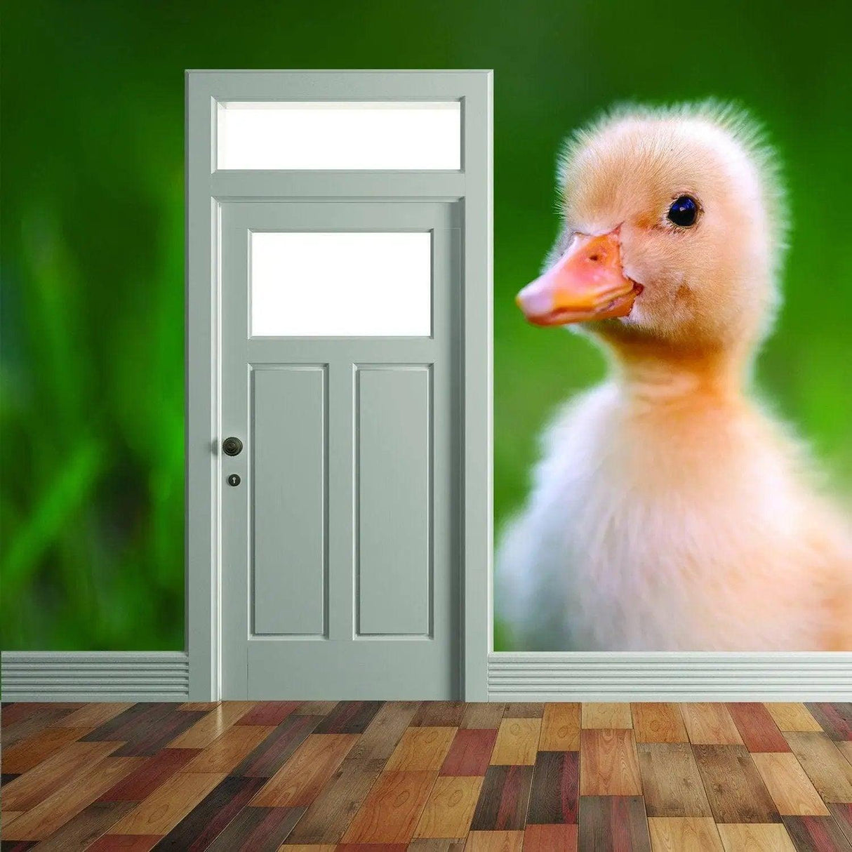 Adorable vinyl duck wall sticker in a whimsical setting, perfect for kids' room decor.