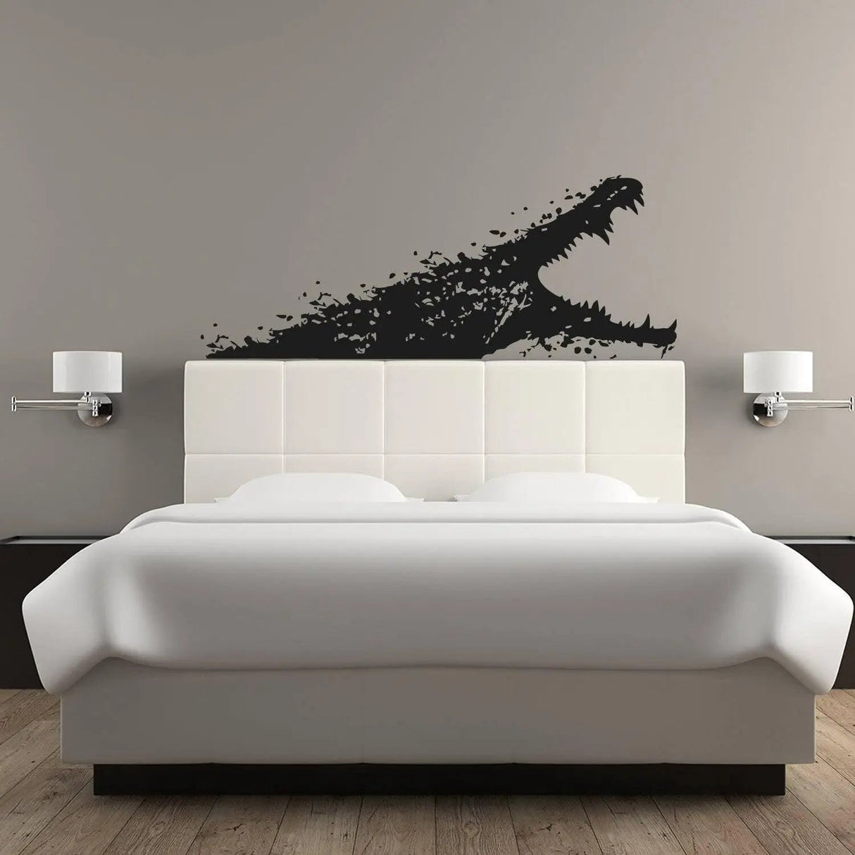 Adventure-themed wall vinyl sticker of a roaring crocodile above a modern white bed.