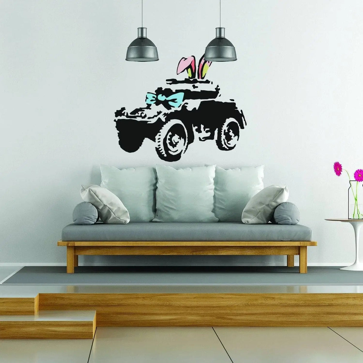 Urban style armored vehicle wall decal featuring a playful design, perfect for aesthetic room décor.