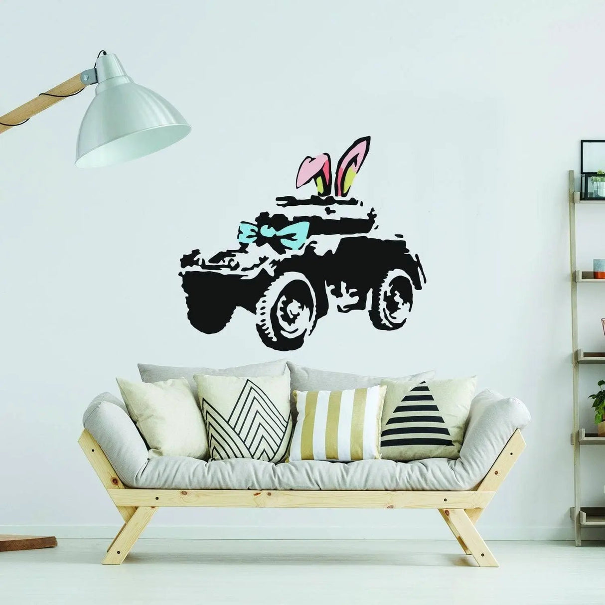 Urban style armored vehicle wall decal with bunny ears and bow, perfect for aesthetic room decor.