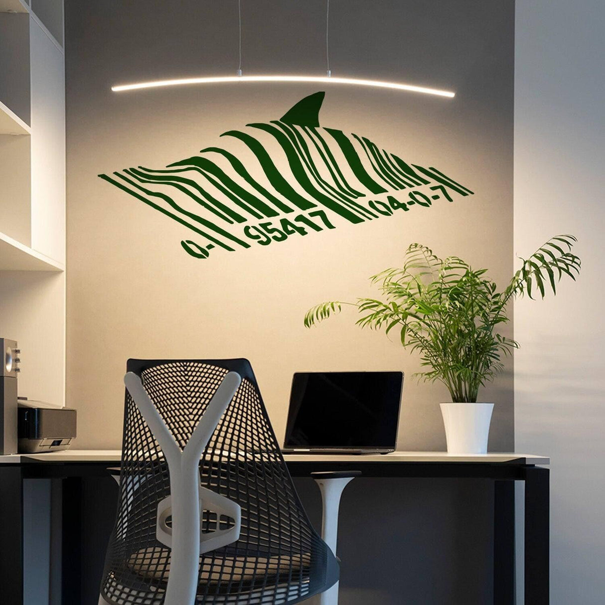 Banksy Barcode Shark wall sticker in modern office decor, showcasing urban art style on wall above a sleek desk.