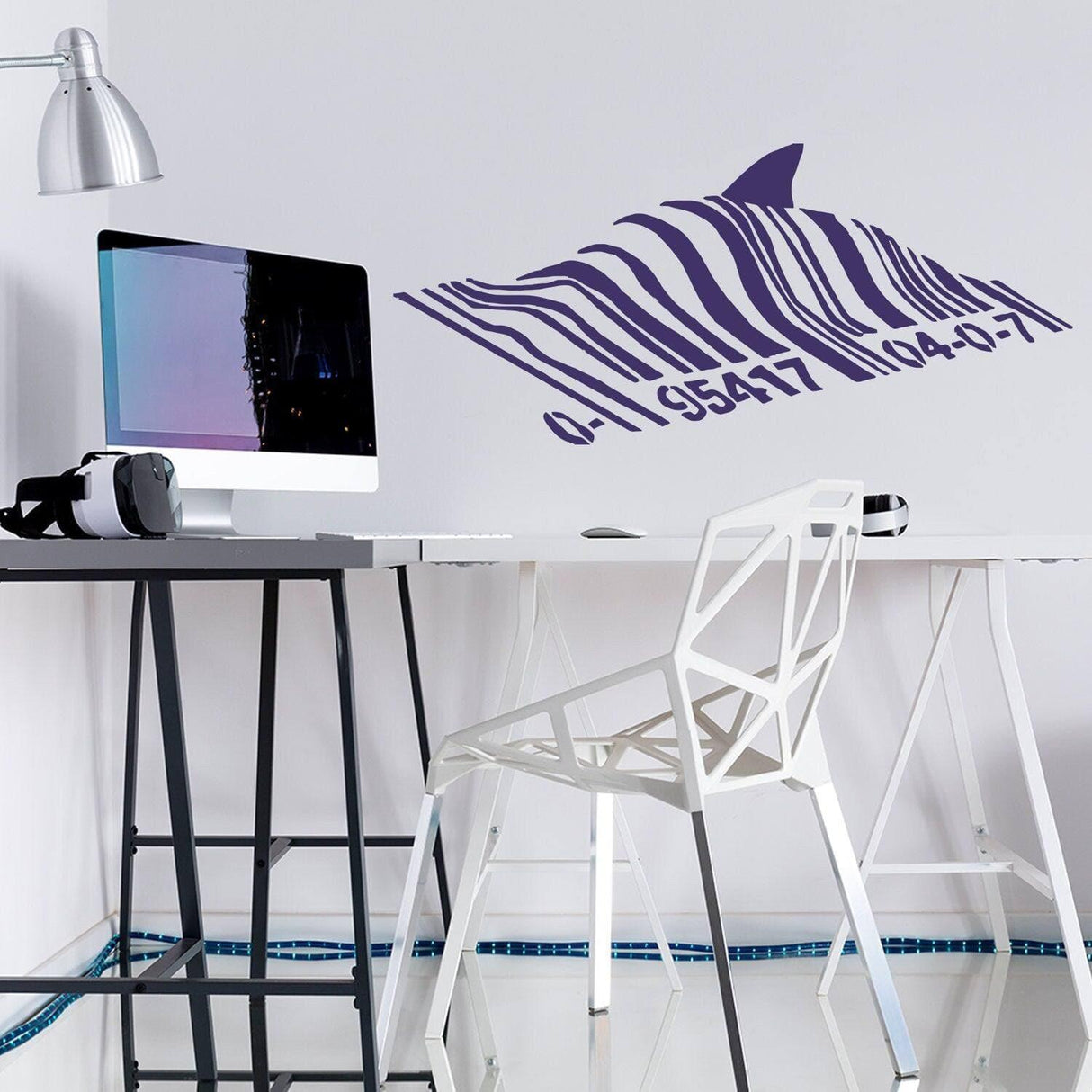 Banksy Barcode Shark urban art decal on wall above stylish desk and chair, adding graffiti vibe to home decor.