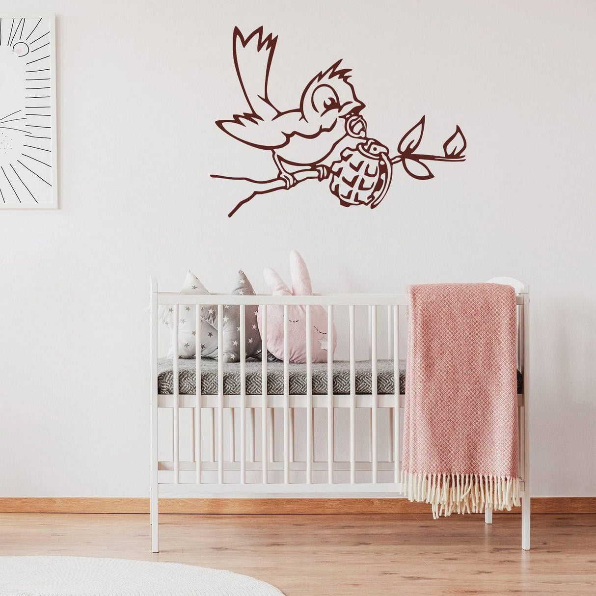 Banksy Bird Wall Decal featuring a bird holding a grenade, decorative vinyl art for nursery or home decor.