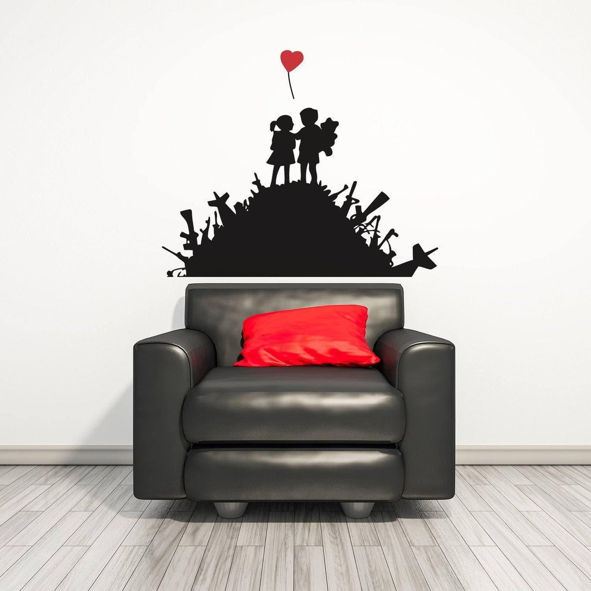 Urban design wall decal featuring a girl and boy silhouette with a heart-shaped balloon above a stylish black couch.