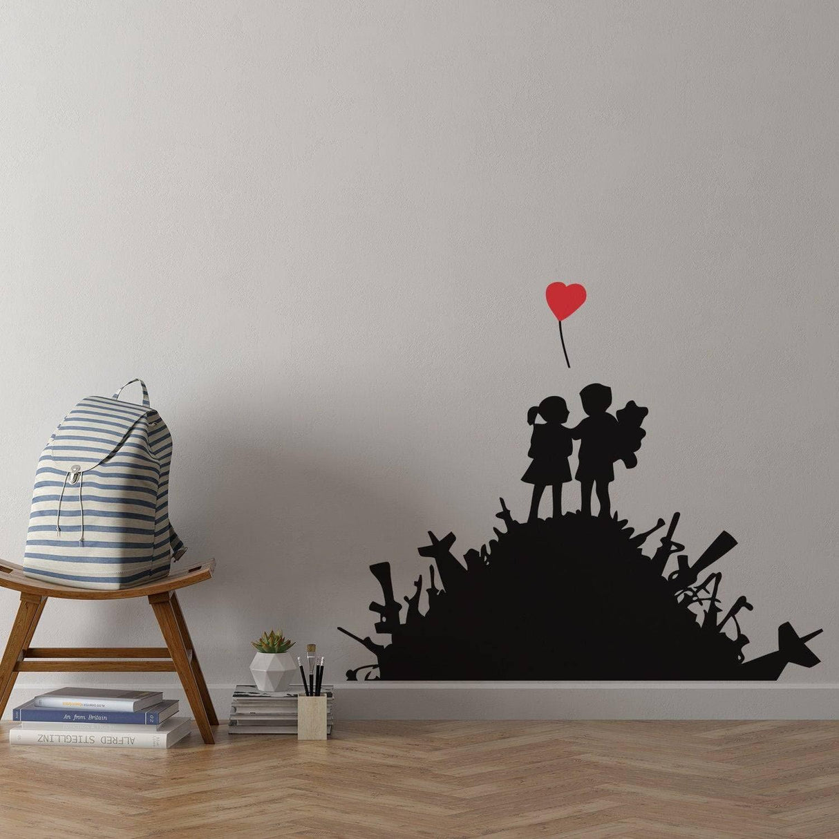 Urban design wall decal featuring kids holding a heart balloon, adding contemporary art to your space.
