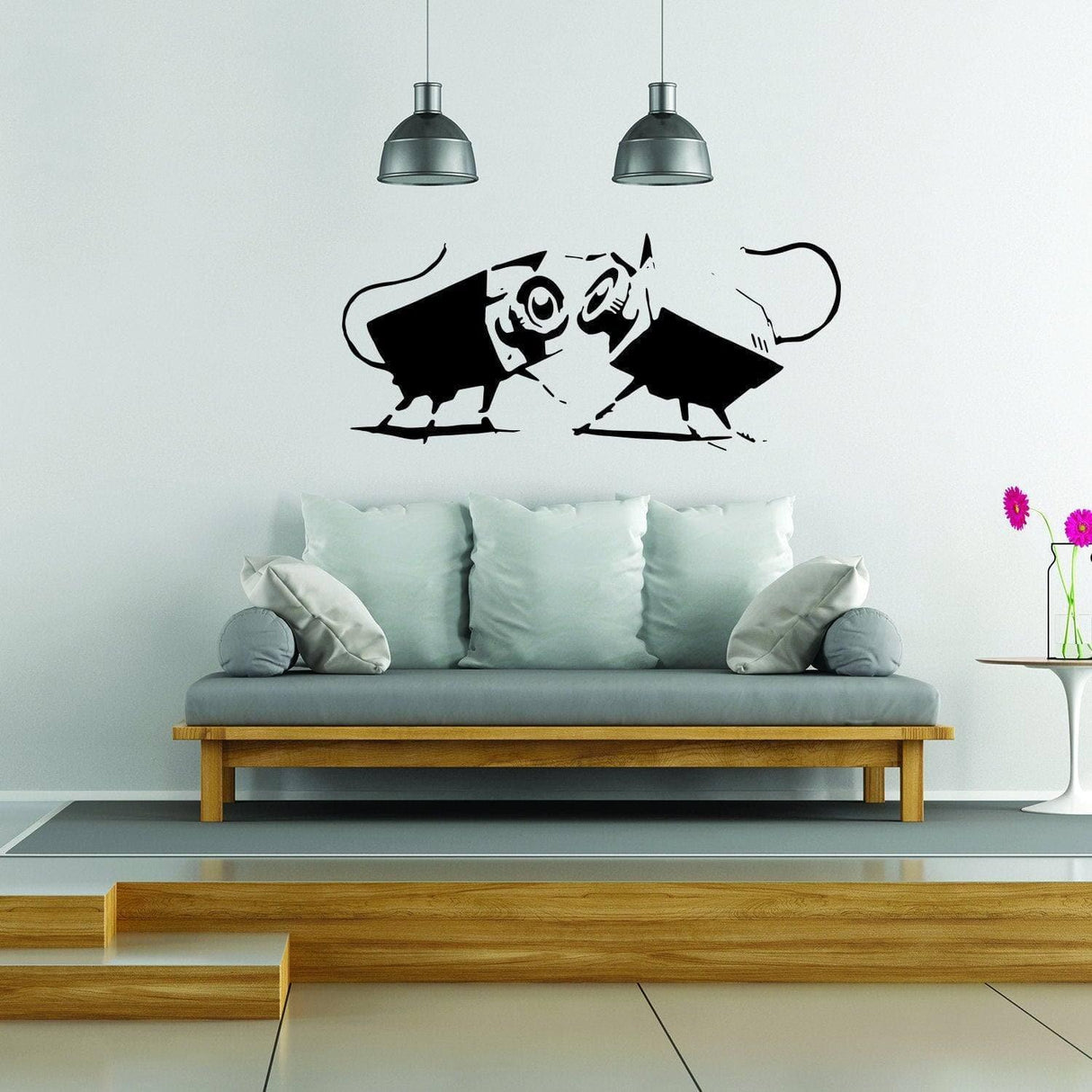 Urban Expressions decorative wall decal featuring playful mouse design above a modern sofa in a stylish living space.