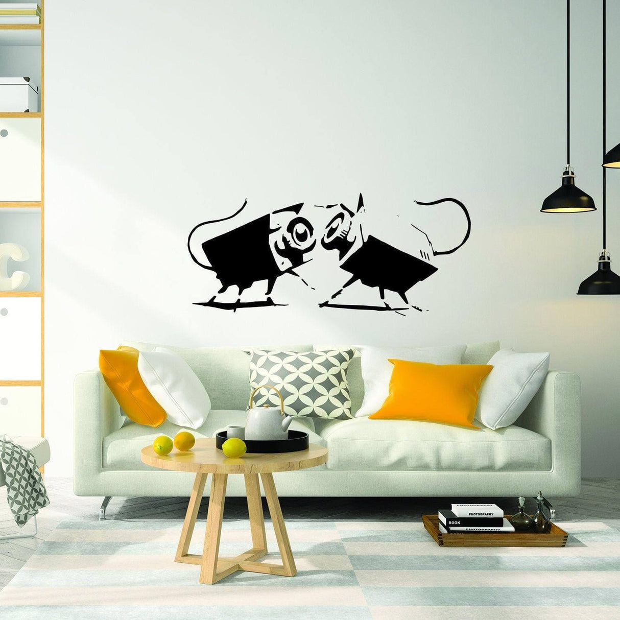 Stylish urban vinyl wall art sticker featuring playful rats on a modern living room wall.