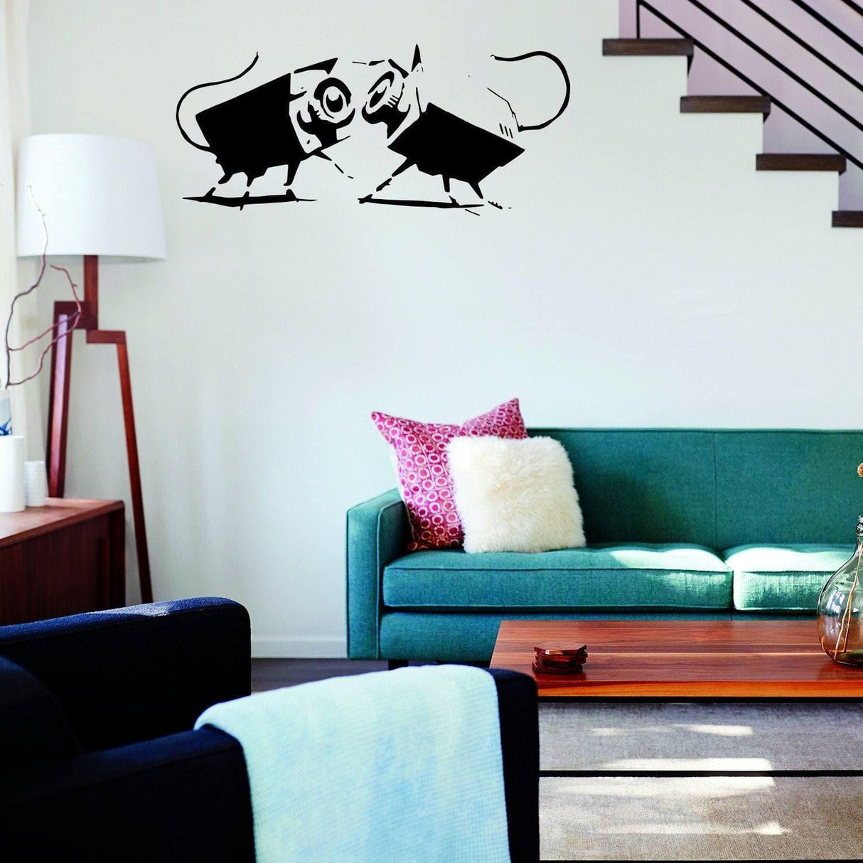 Urban Expressions vinyl wall art sticker featuring playful bulls on a living room wall, adding a stylish decorative touch.