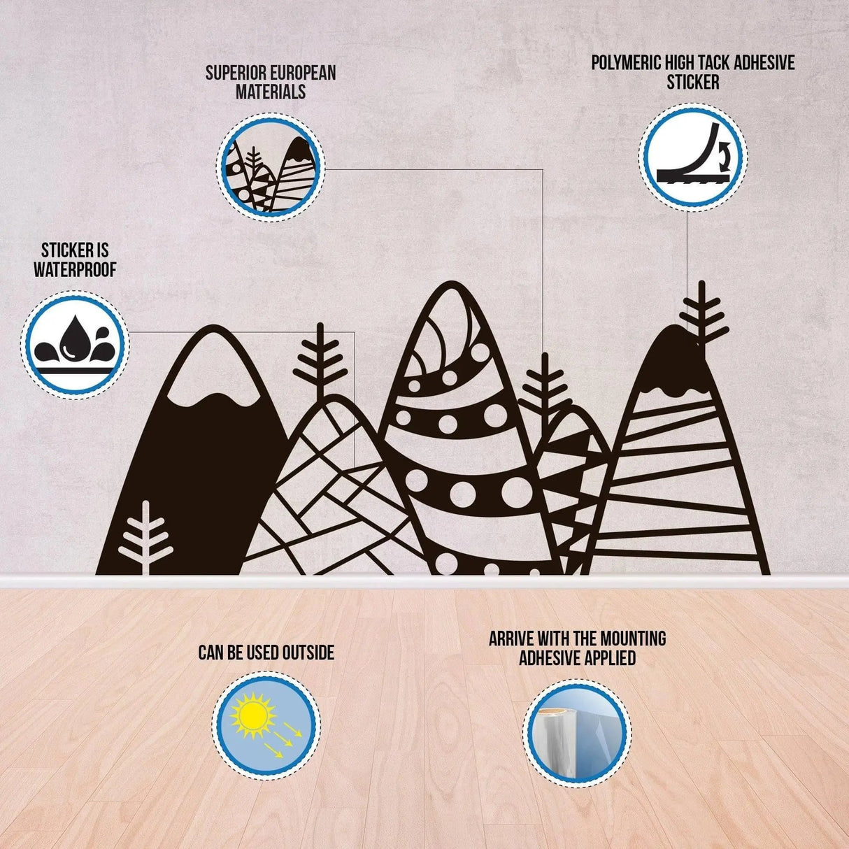 Edgy attitude wall sticker features mountains with artistic designs, showcasing waterproof and durable materials.