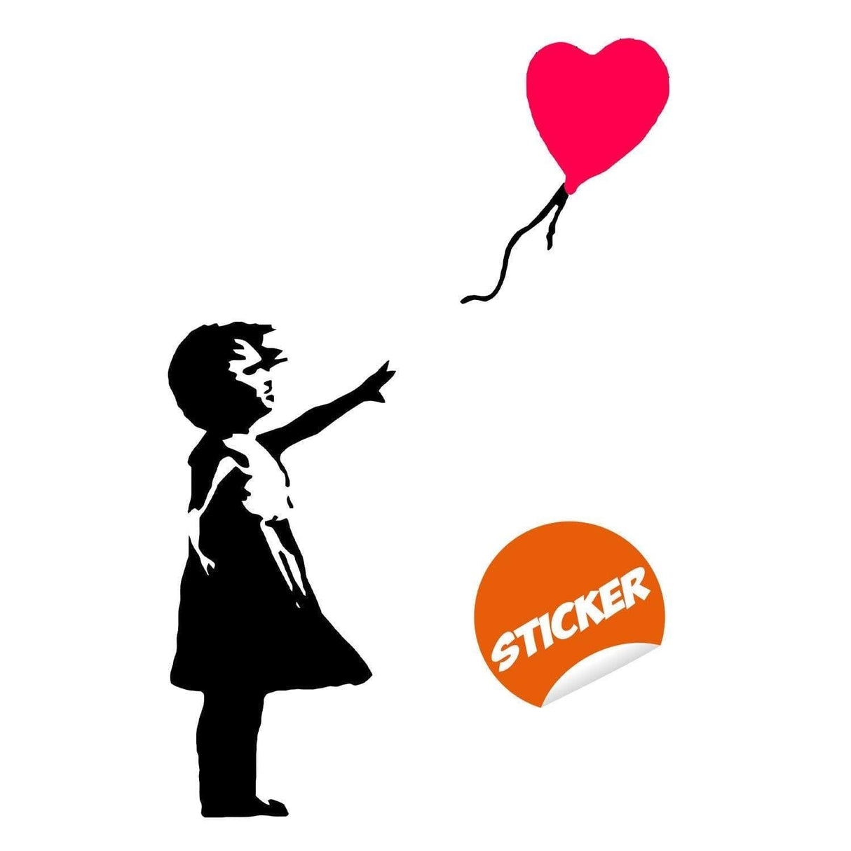 Banksy girl wall decal reaching for heart balloon, a whimsical and hopeful decoration for any room.