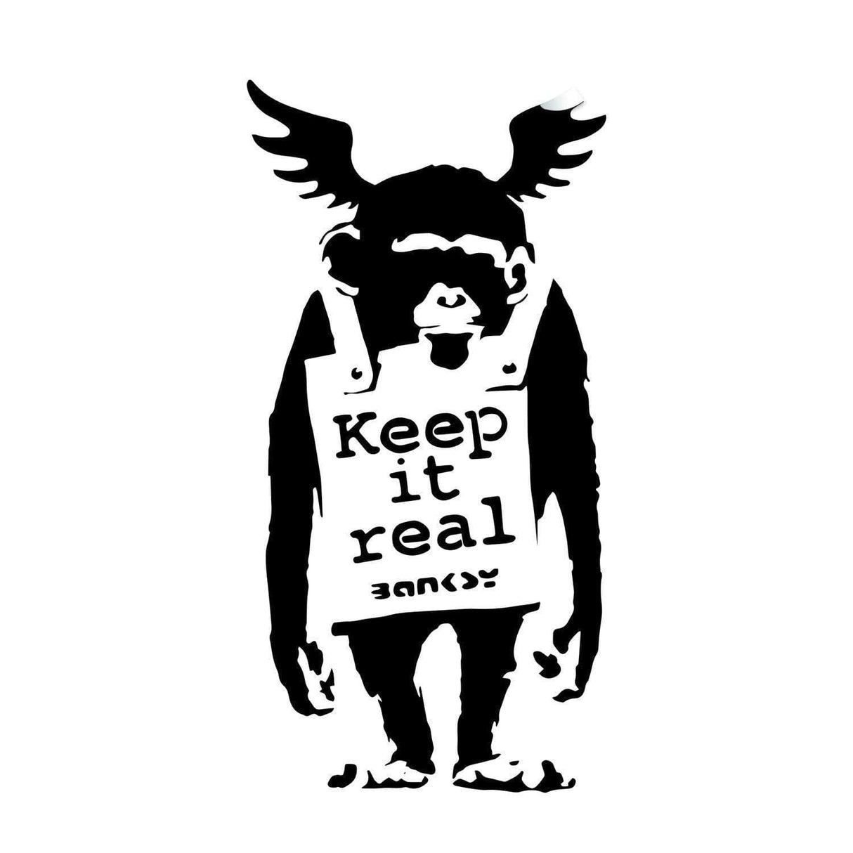 Banksy-inspired monkey graffiti decal with wings holding a sign that says 'Keep it real' - urban art wall sticker.