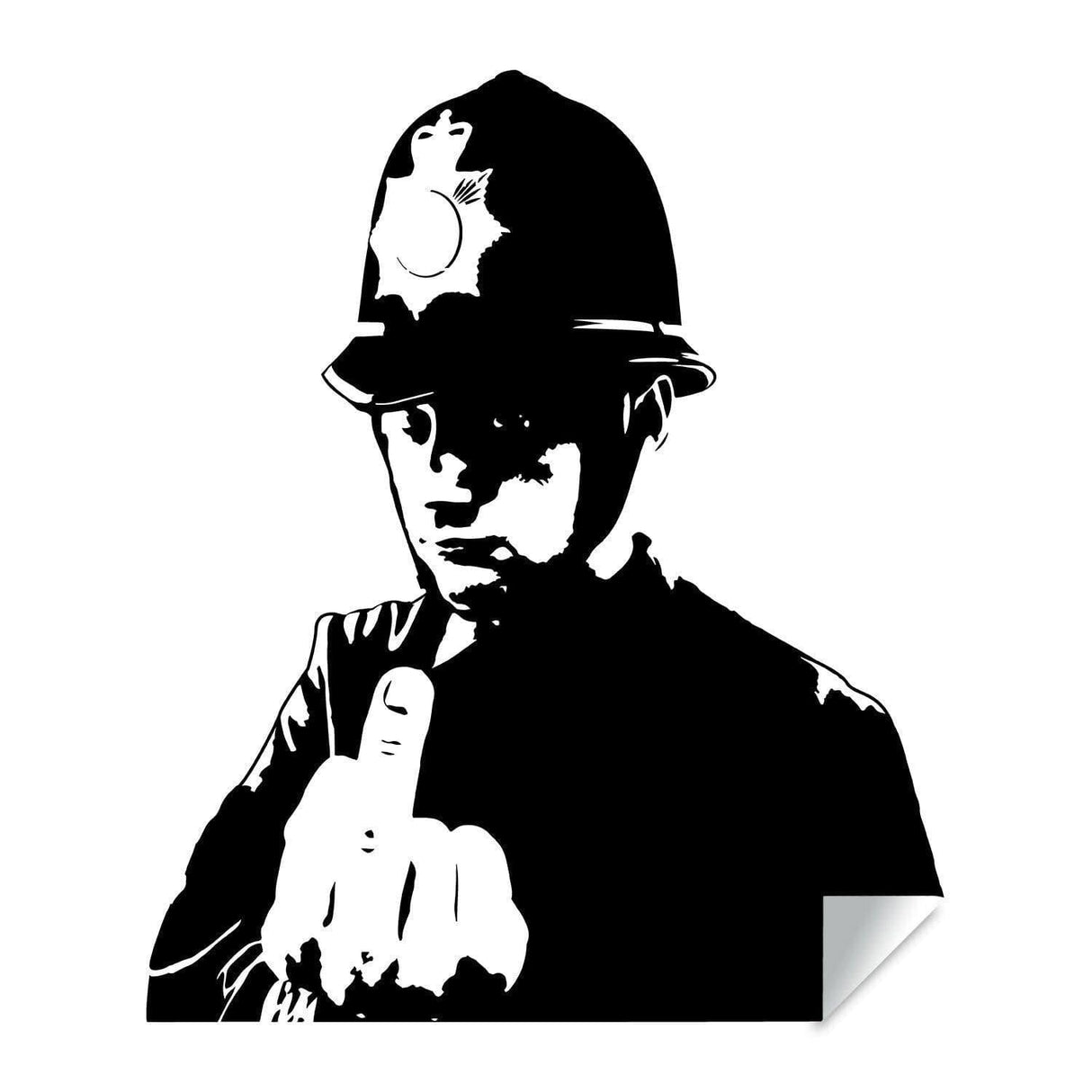 Banksy-inspired Scotland Yard cop wall decal showing a police officer with a middle finger gesture for urban decor.