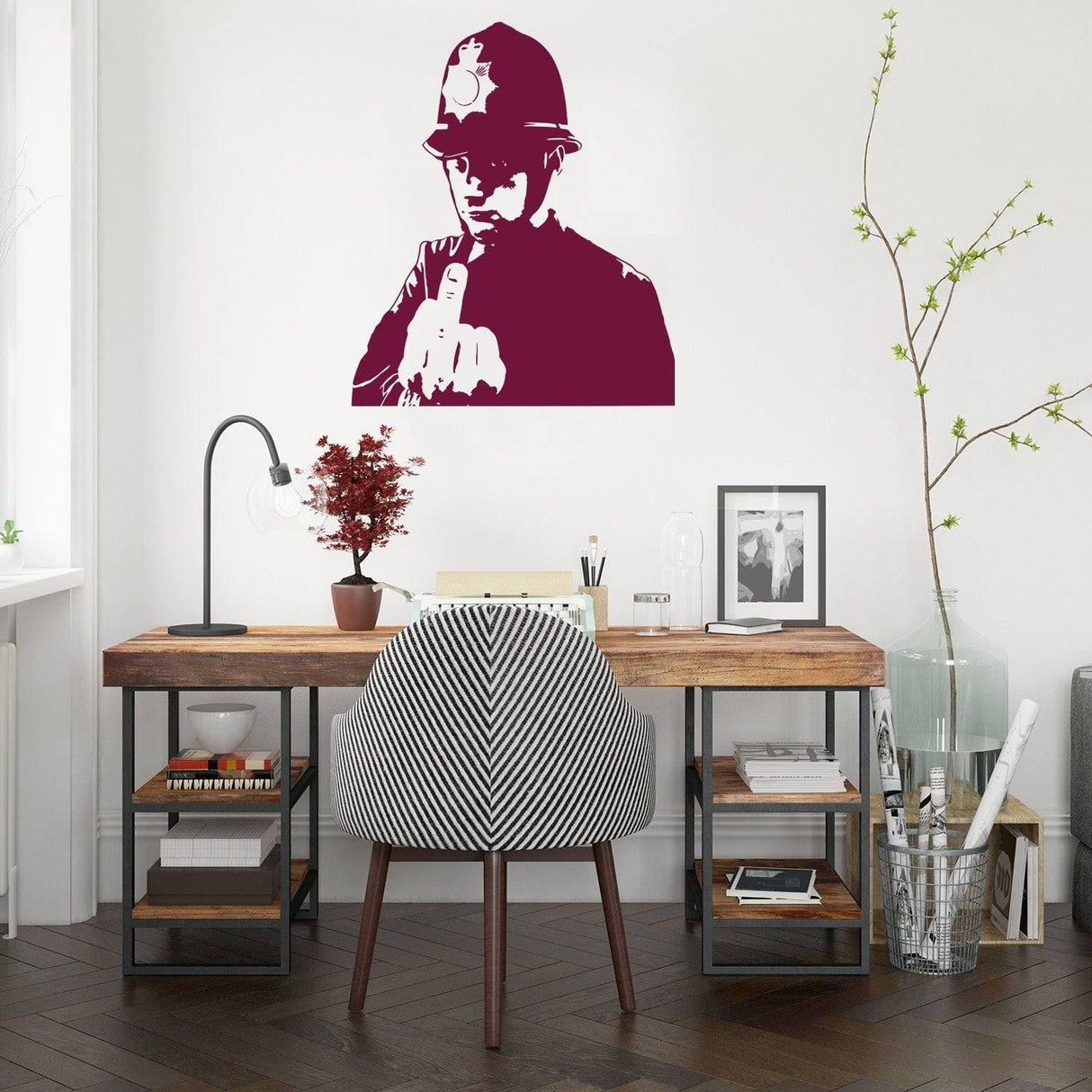 Urban Expression Scotland Yard cop decal in modern home office setting with stylish desk and chair.