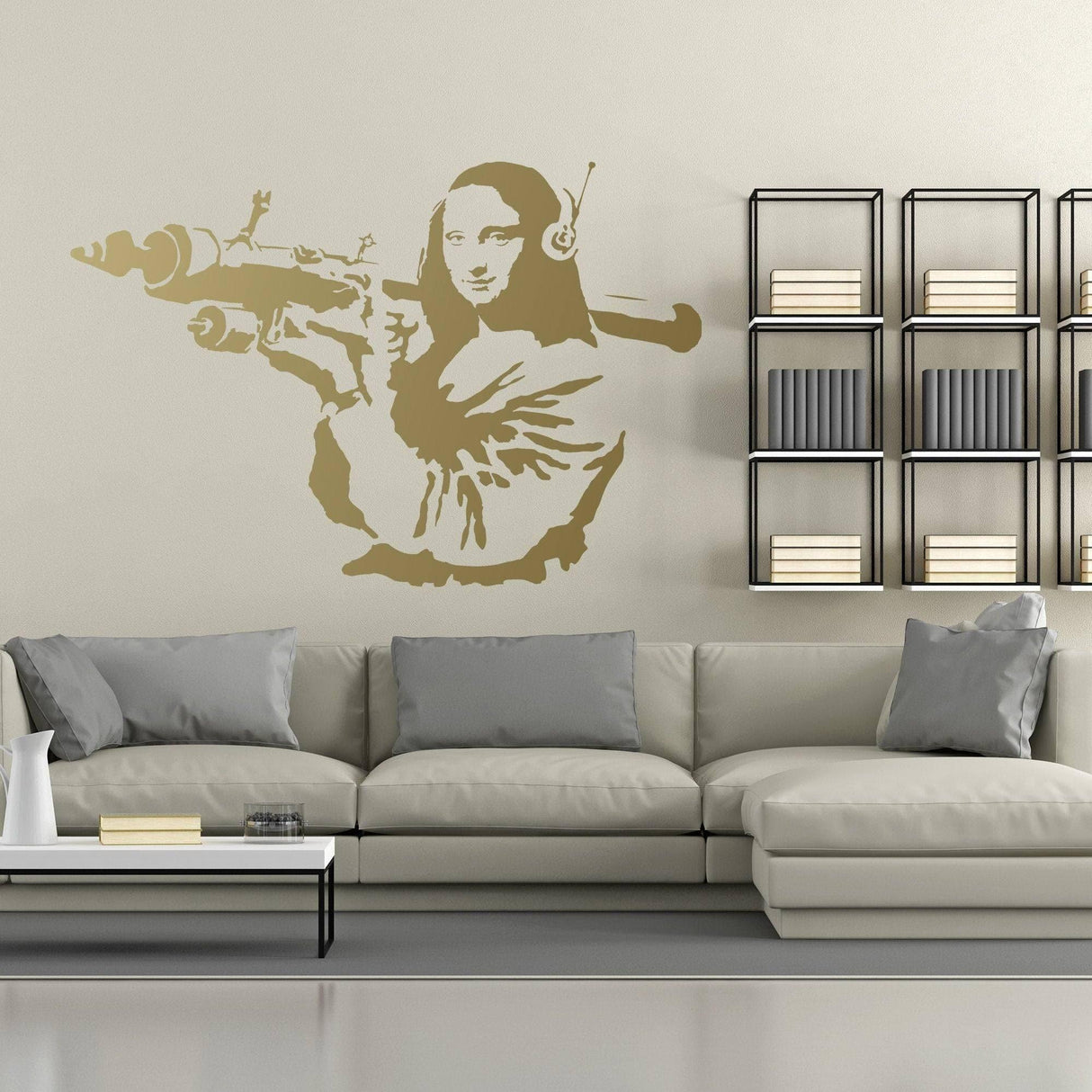 Banksy-inspired Mona Lisa wall sticker in modern living room design, showcasing artistic flair and vinyl durability.