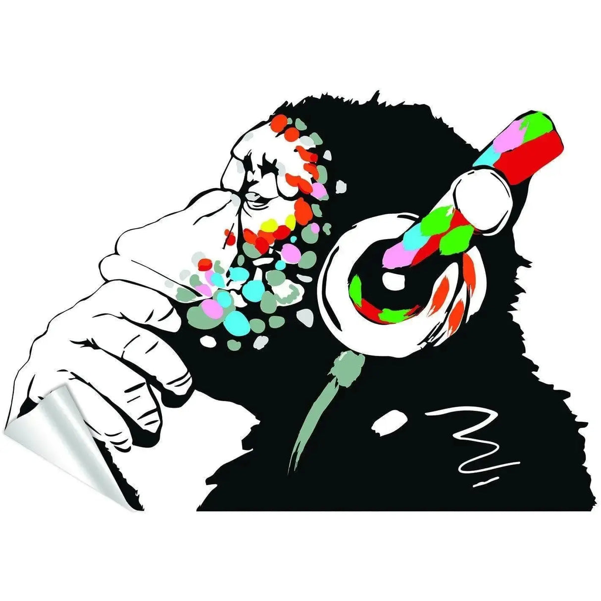 Banksy-inspired thinking monkey wall sticker with colorful headphones and artistic splashes, perfect for modern decor.