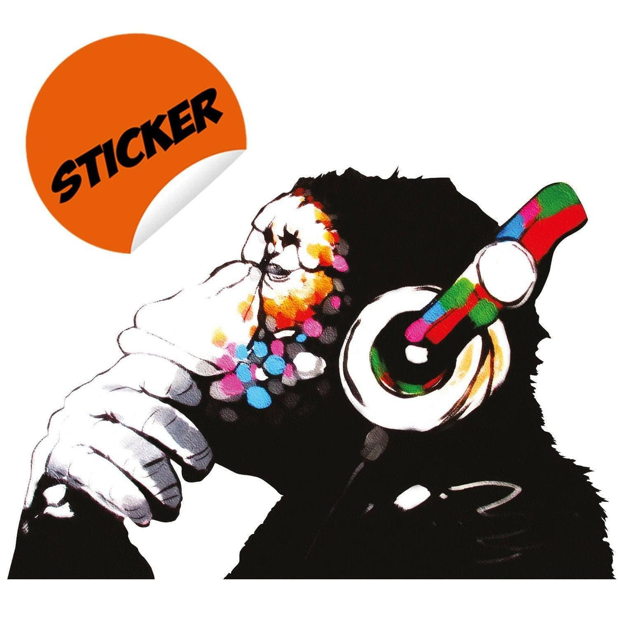 Contemplative monkey wall sticker with headphones, vibrant vinyl decal for home decoration.