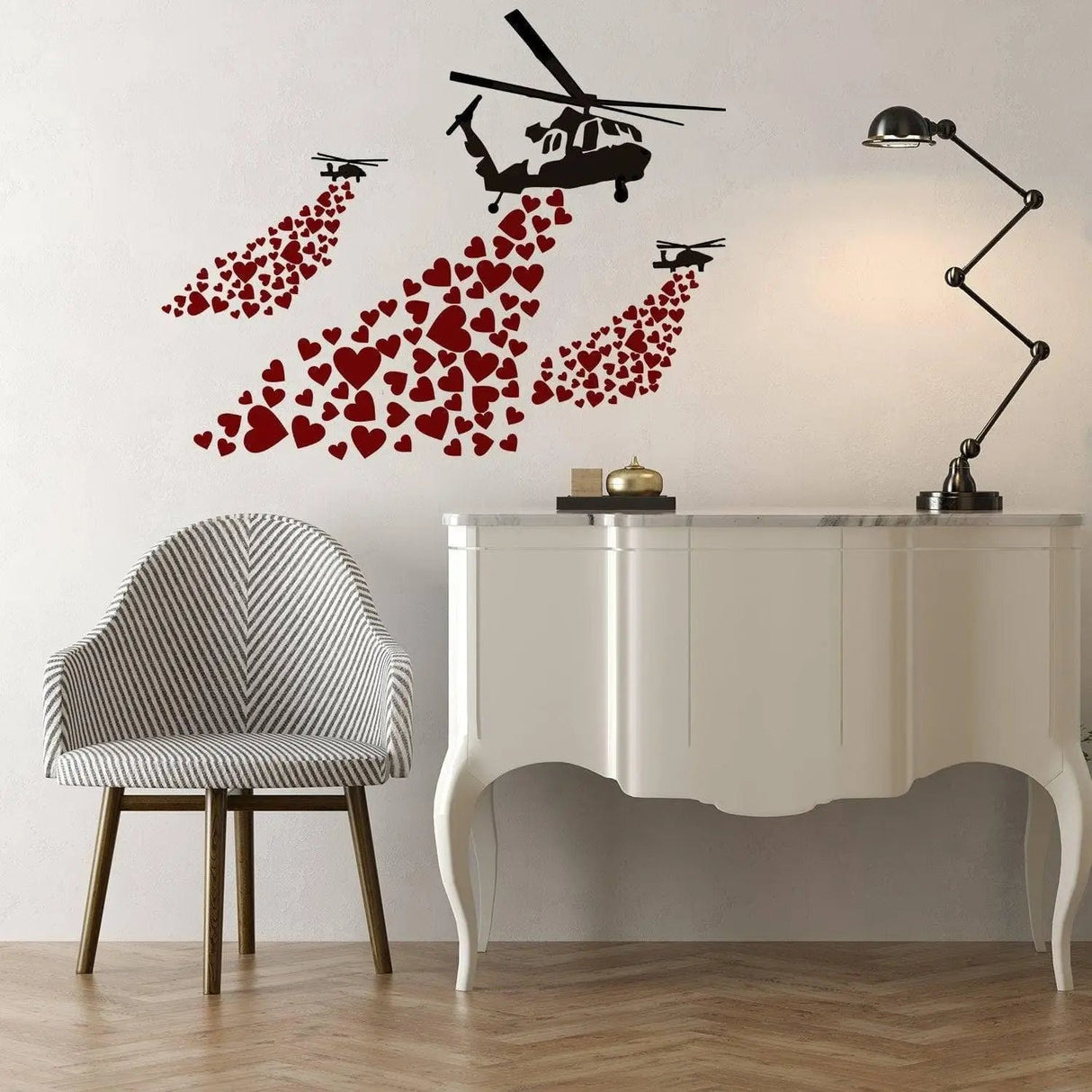 Urban Love Helicopter Wall Decal with hearts, adding street art style to modern decor.