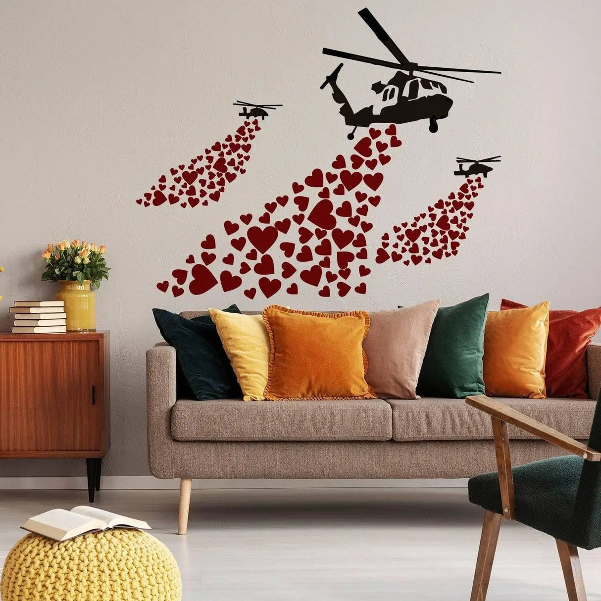 Urban Love Helicopter Wall Decal with hearts, adding a captivating street art touch to modern interiors.