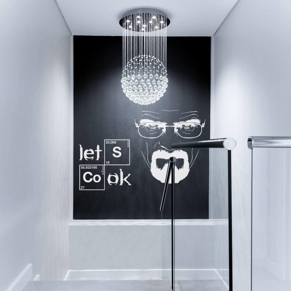 Breaking Bad themed wall sticker featuring 'Let's Cook' quote on a modern kitchen wall.