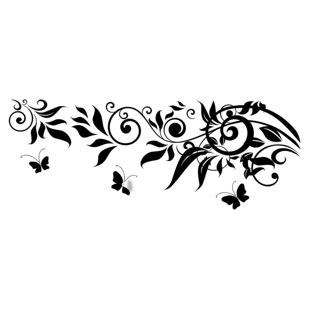 Elegant black leaf and butterfly wall decal design for kids' rooms, adding a whimsical touch to any space.