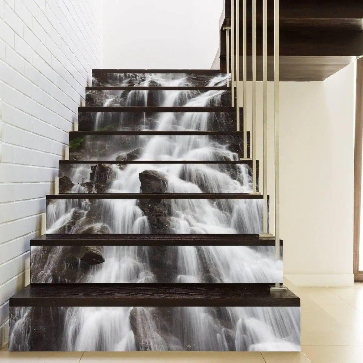 Beautiful waterfall vinyl sticker decals on staircase, transforming stairs into artistic decor.