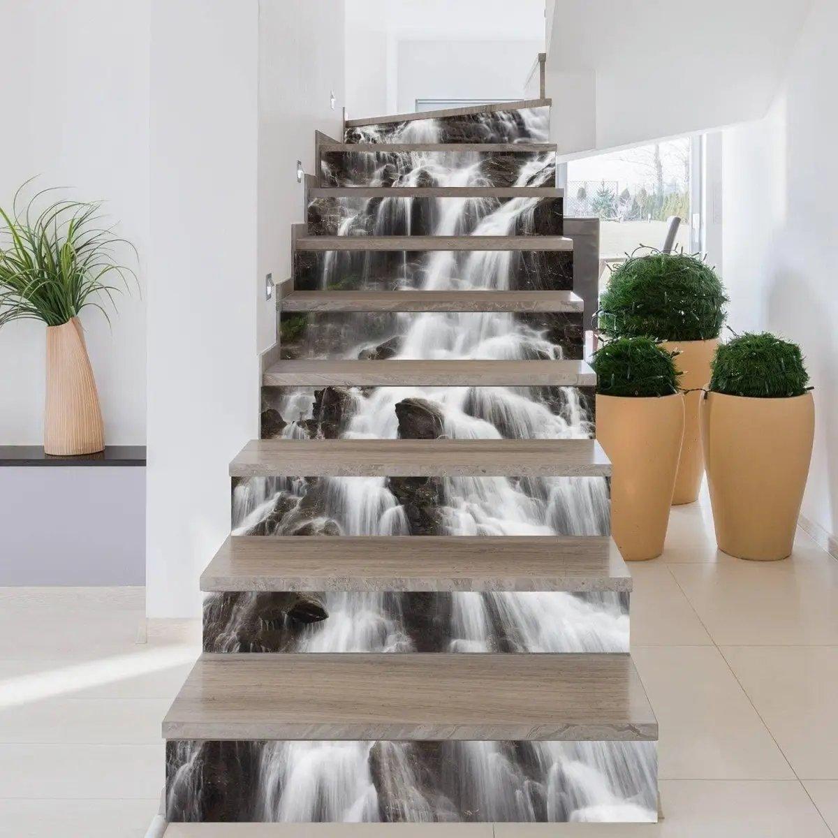 Creative staircase vinyl sticker decals featuring a stunning waterfall design for home decor enhancement.