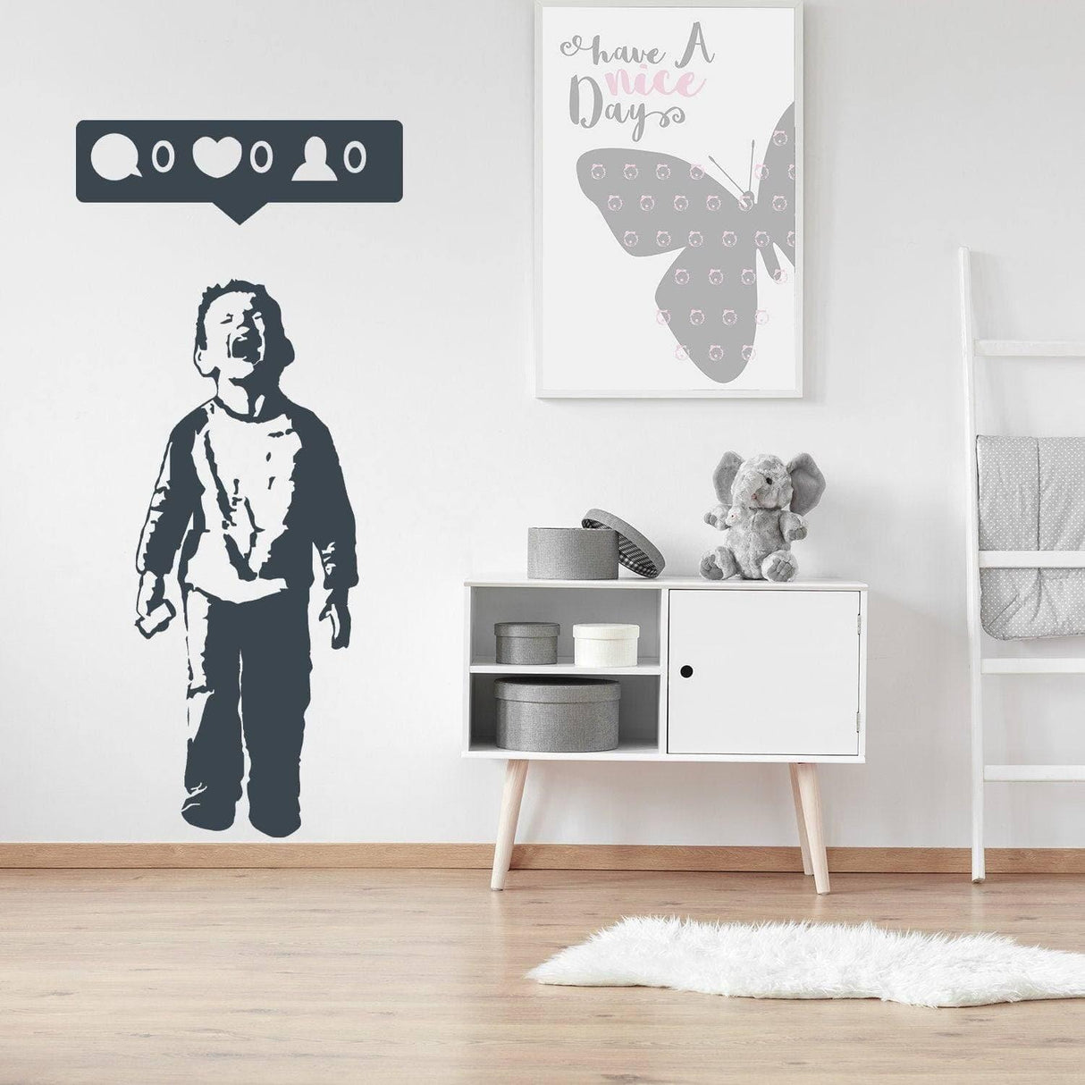 Urban cool wall decal of a boy with cellphone, featuring a playful design in a modern room setting.