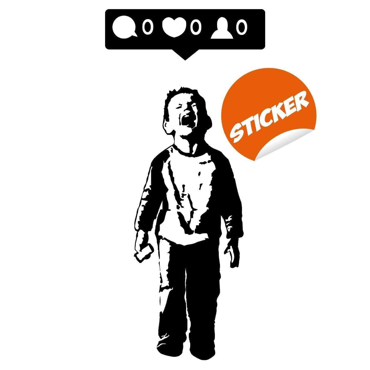Urban cool wall decal of a crying boy with cellphone and social media icons. Trendy wall art sticker.
