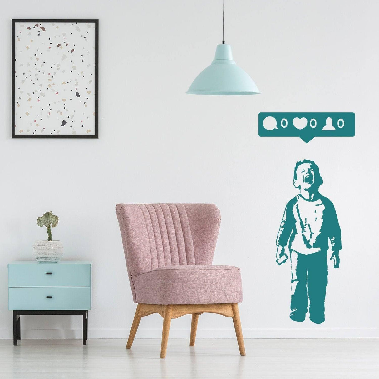 Trendy boy wall art mural featuring a child with cellphone sticker in modern living room decor.