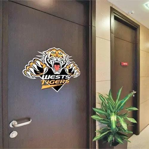 Vinyl logo door sticker featuring a tiger emblem, personalized for the Wests Tigers, enhancing office decor.
