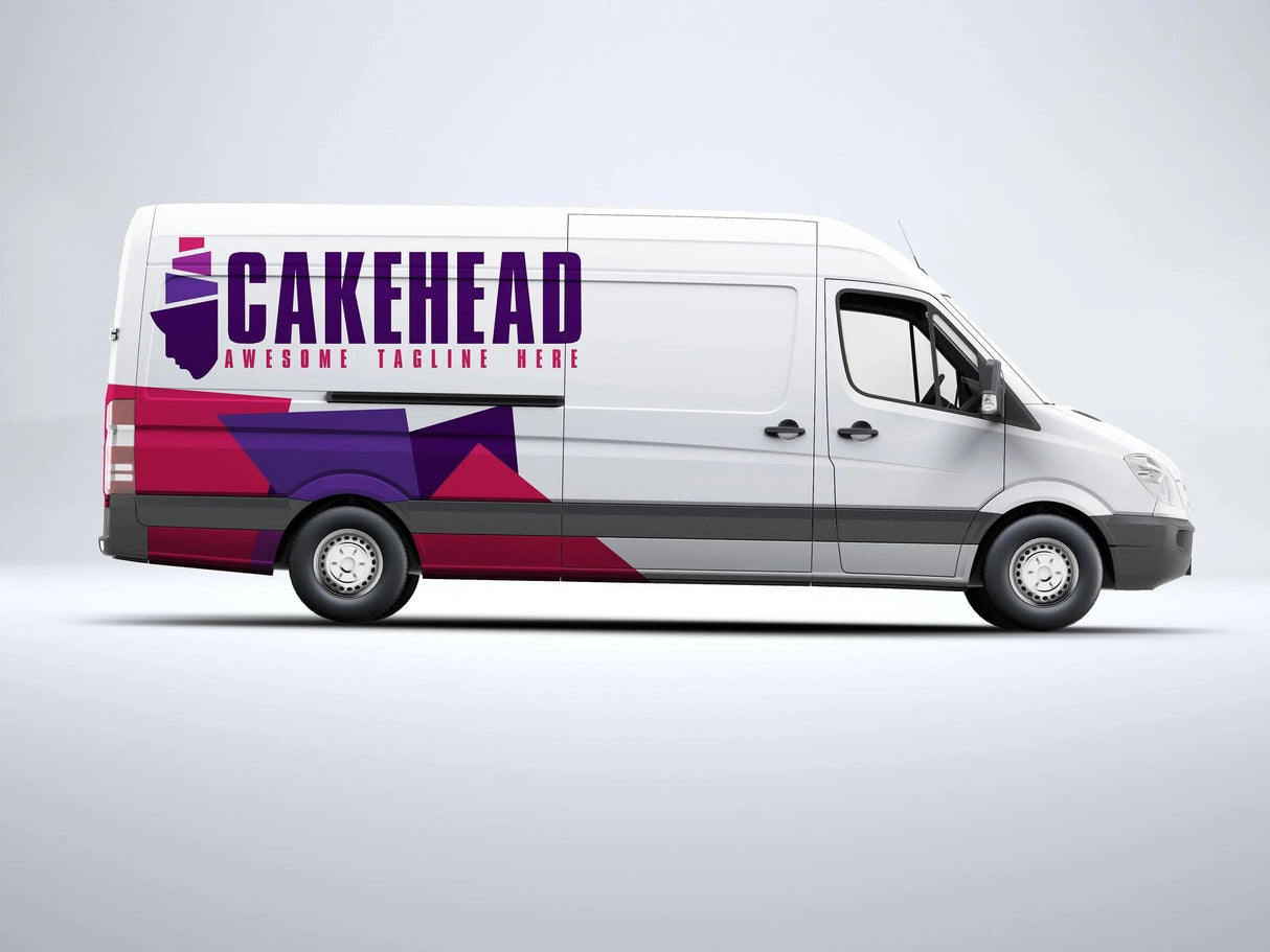 Custom graphic design on a delivery van featuring the name 'Cakehead' with bold colors and tagline.
