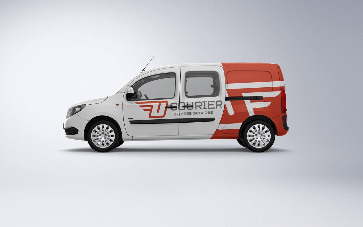 Custom car decal wrap on delivery van showcasing bold graphics and branding for express services.