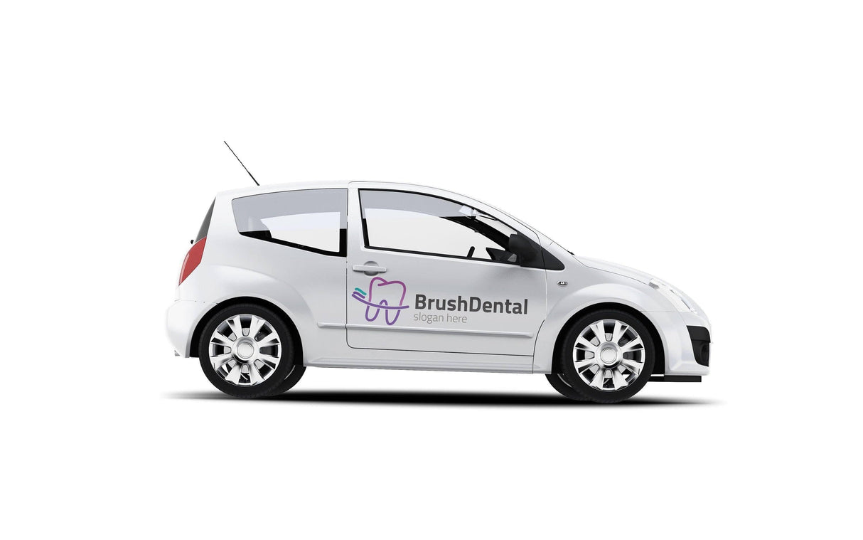 Custom car decal featuring BrushDental logo on a compact white vehicle.