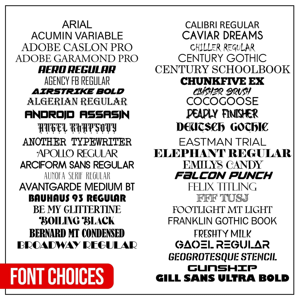 Selection of font choices for custom car decals including Arial, Calibri, and Gill Sans Ultra Bold.