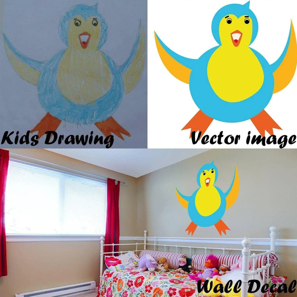 Kids drawing and vector image of a colorful bird wall decal in a cozy bedroom.
