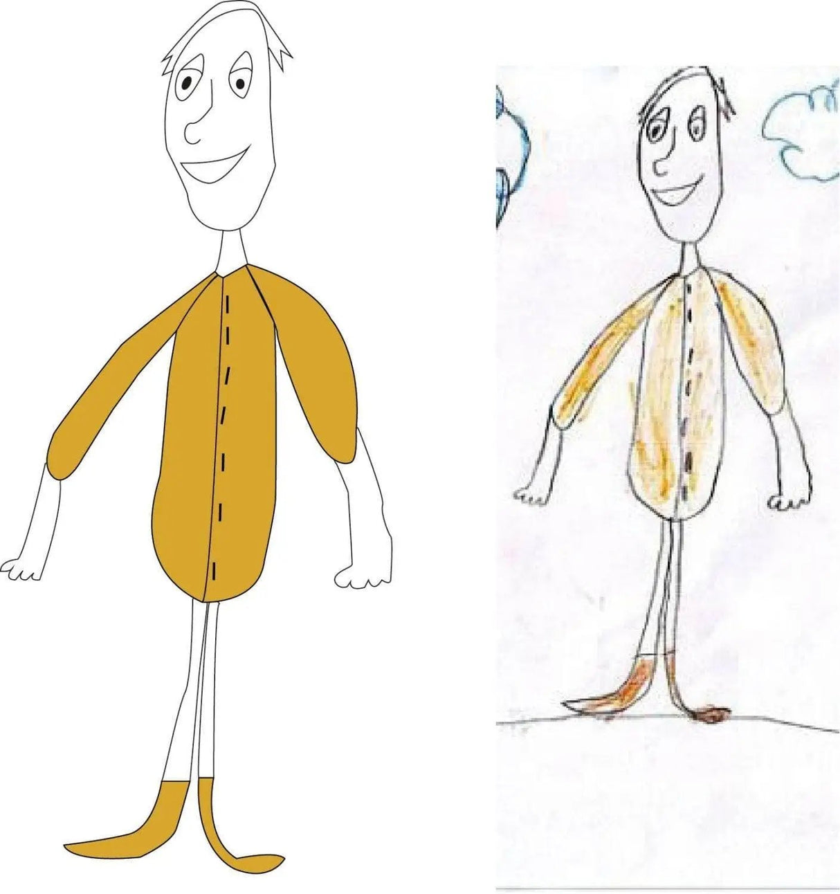 Side-by-side comparison of a cartoon character drawing and a child’s colored artwork.