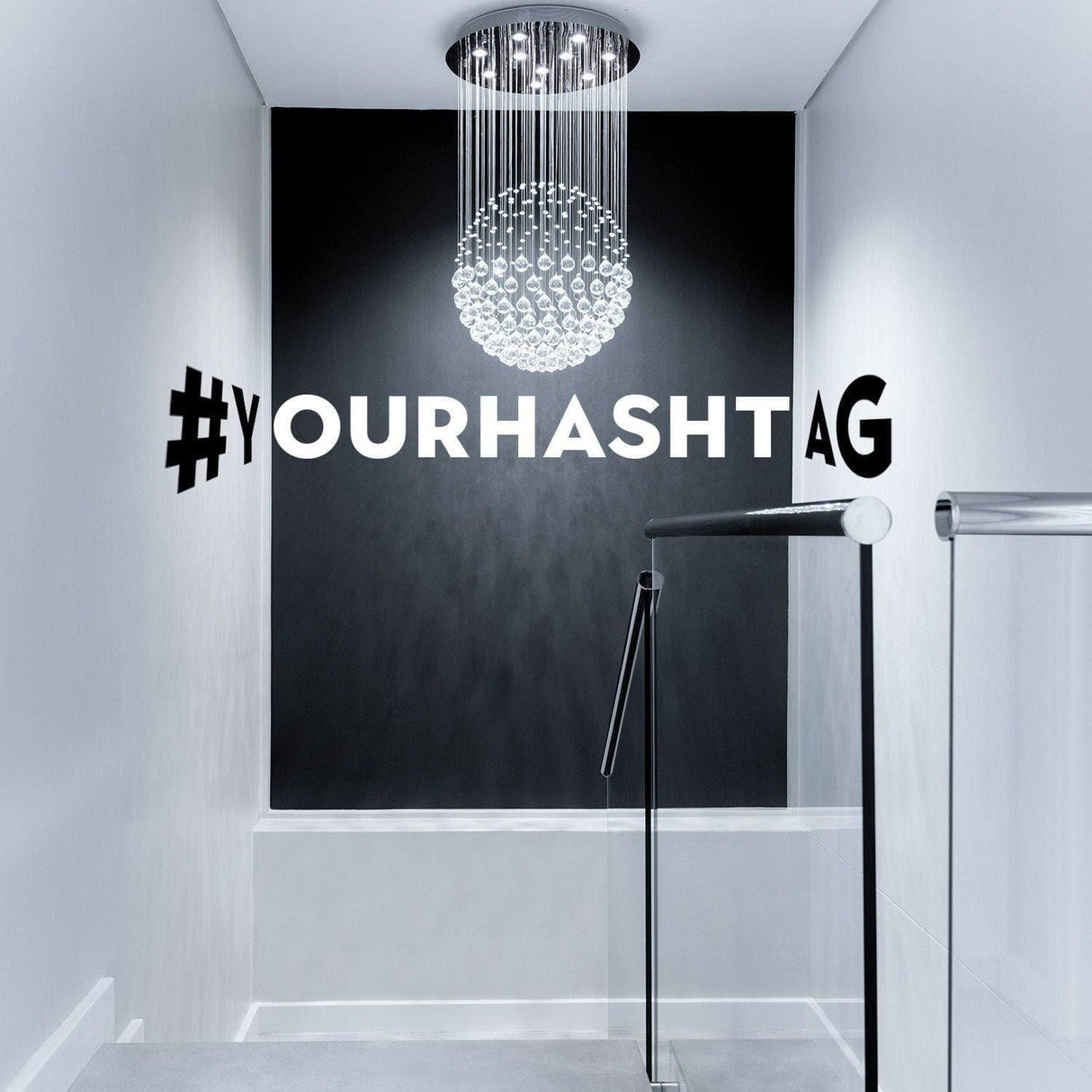 Custom vinyl hashtag sticker on a modern stairway wall, adding a personalized touch to the interior design.