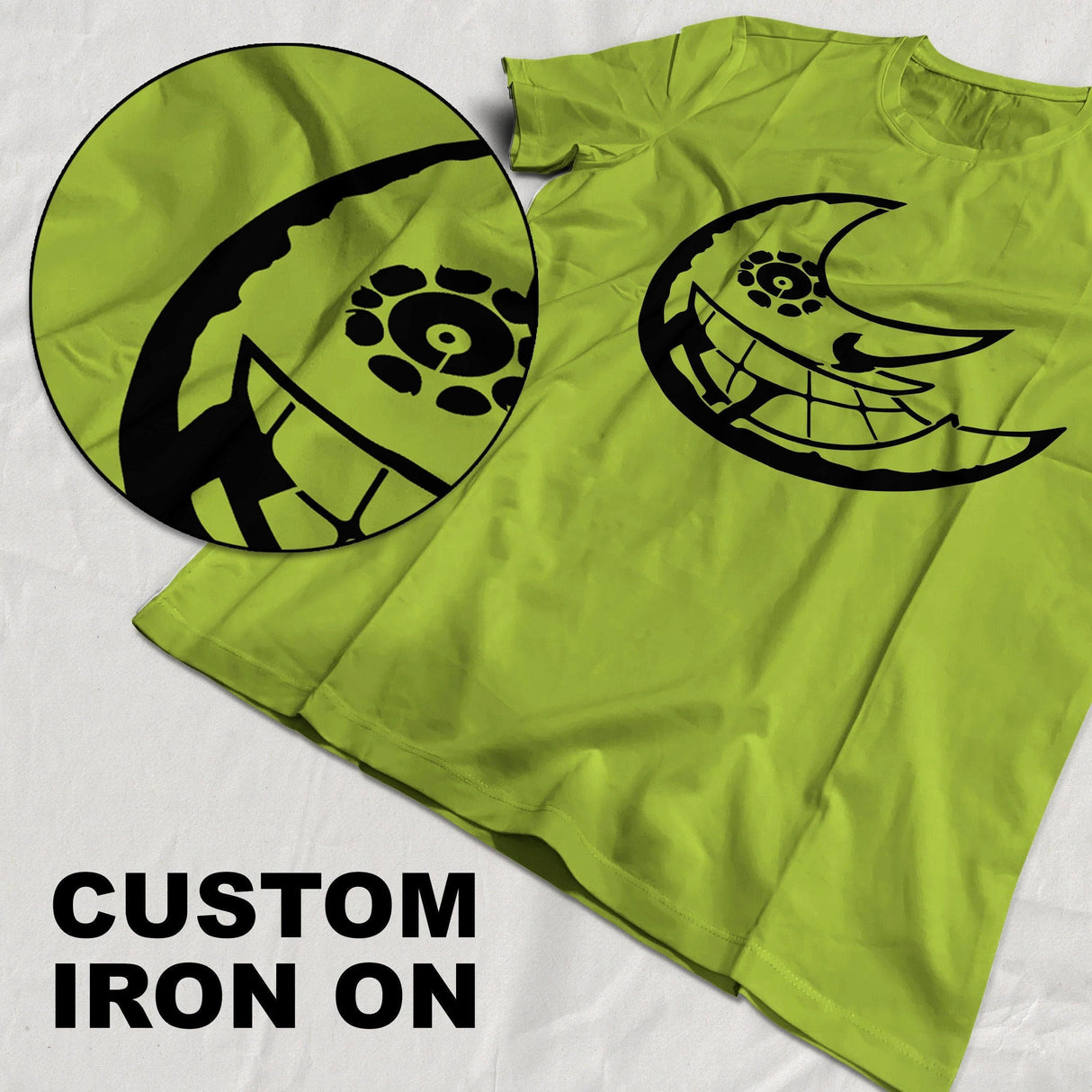 Custom iron-on vinyl graphic on a vibrant lime green t-shirt featuring a playful design.