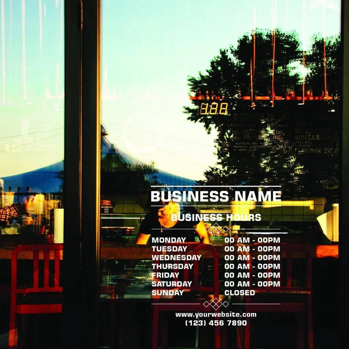 Personalized vinyl business hours decal displaying open hours for a storefront, customizable sign for businesses.