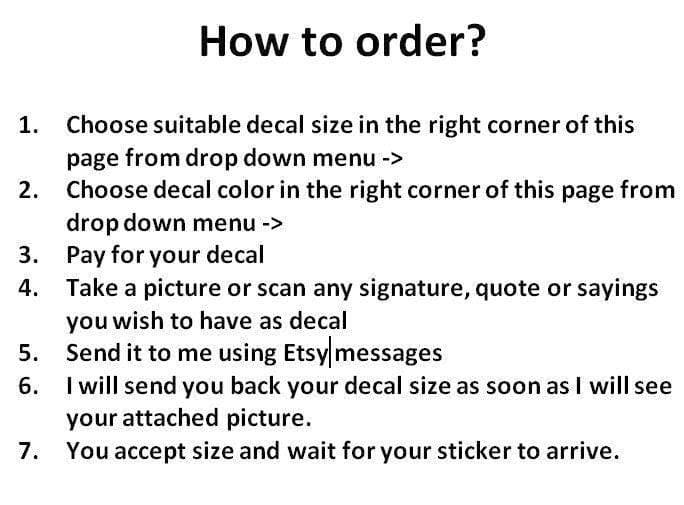 Instructions on how to order a personalized wall decal including size, color, and payment steps.