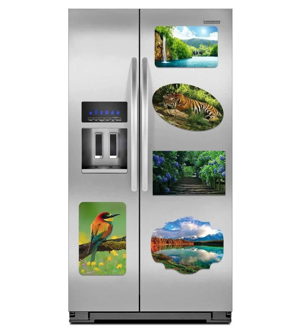 Refrigerator adorned with colorful magnetic photo prints of nature, wildlife, and scenic landscapes.